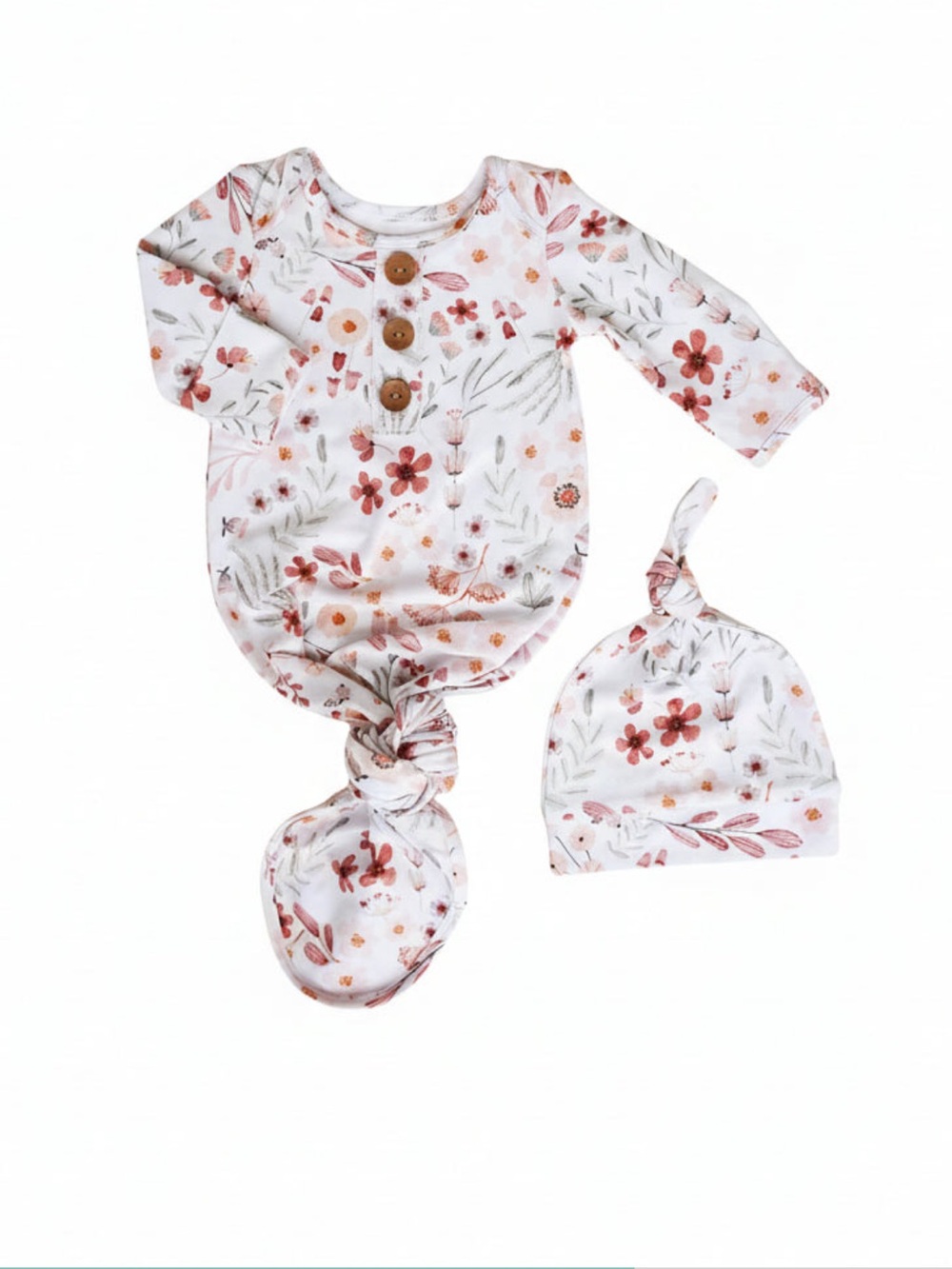 Caden Lane Floral Knotted Gown and Hat Set - White with Rust Pink and Sage Green